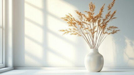 Dried pampas grass in white vase, sunlight casting shadows on wall