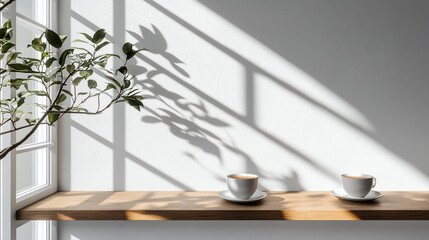 Morning light shines on two coffees by a window with green plants, shadows