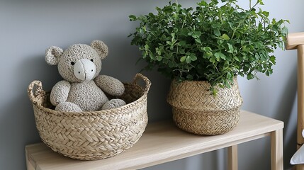 Teddy bear in basket next to potted plant on wooden shelf against a grey wall