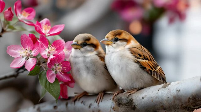 Couple sparrow lover on a branch. Two tree sparrows perch side by side while vibrant pink crabapple blossoms with yellow stamens bloom to the left. 