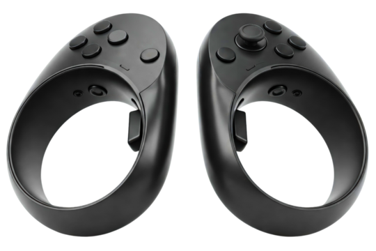 Pair of black virtual reality controllers for gaming isolated on a transparent background - Powered by Adobe