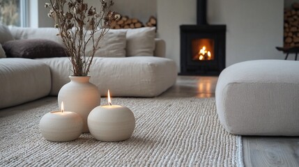 Cozy interior fireplace, candles, sofa, and dried flowers