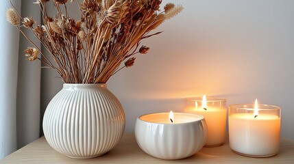 Candles & vase create cozy, warm, lit ambiance. Dried flowers add rustic charm