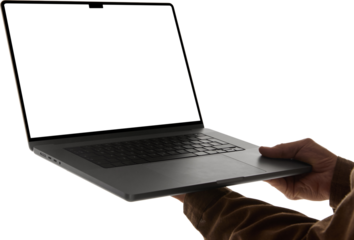 Hands holding laptop with blank white screen against isolated transparent background, close up. Mockup for ad, text, app demos, or digital interface design concepts.