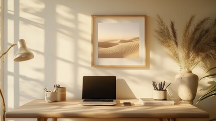 Cozy workspace with framed desert art, laptop, and natural light