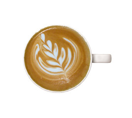 Top view of hot cafe latte coffee in white cup with beautiful latter art isolated cutout in transparent background.