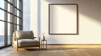 Modern room with armchair, blank frame, side table, and large window. Sunlight creates shadows
