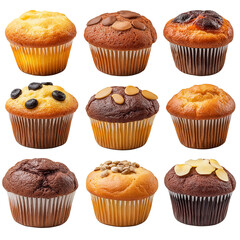 Delicious various cup cakes set isolated on white background. Collection of different flavors of muffins, collection set. closeup of cup cakes.