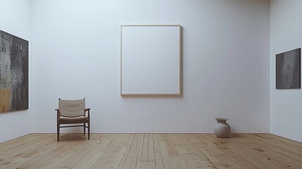 Minimalist art gallery with empty frames, wooden floor, chair, and vase