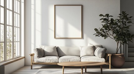 Bright, airy living room with a couch, plants, and a window with a blank frame