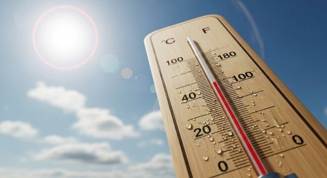 Outdoor thermometer showing high temperature under bright sun. Concept of summer heat, hot weather, and global warming.
