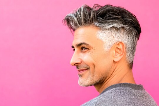 A relaxed man looking serene in his portrait. Pink solid background. Visual idea of style for aging men. Fashionable men's pompadour haircut - midlife middle eastern man with short hair.