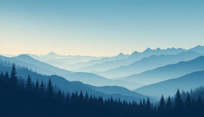 Obraz premium Minimalist Blue Mountain Landscape Vector with Pine Trees