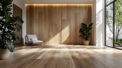Modern, bright interior with wood paneling, plants, chair, and large window