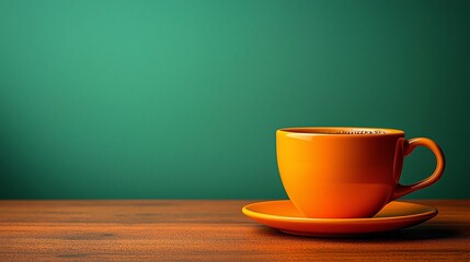 Orange coffee cup on wooden table against teal background