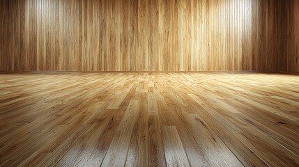 Empty room with wood walls and flooring, softly lit, perfect space