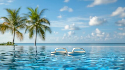 Flip-flops float in a tranquil pool, palm trees and ocean backdrop