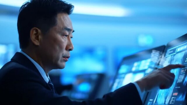Businessman interacting with futuristic touchscreen data interface in digital workspace, seamless looping 4k time-lapse animation video background