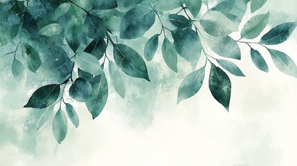 Watercolor illustration of green leaves and branches