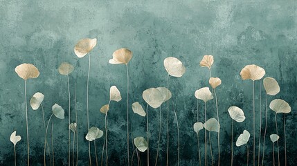 Abstract floral artwork with elegant, gold-toned blooms against a teal textured background