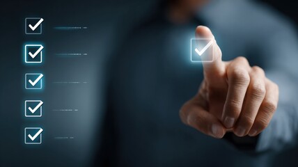 Digital checklist for quality assurance glowing on a futuristic interface, with a hand ticking the final box.