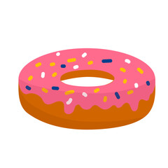 Pink donut pool float with sprinkles illustration. Cartoon style inflatable pool ring shaped like a pink frosted donut with colorful sprinkles on a gray background.
