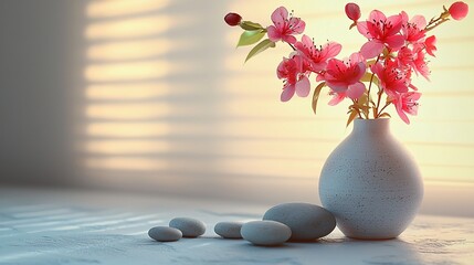 Pink flowers in white vase, stones, light, serene composition, zen aesthetic