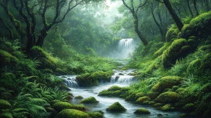 Obraz premium Lush, tranquil forest stream cascading through mossy rocks.