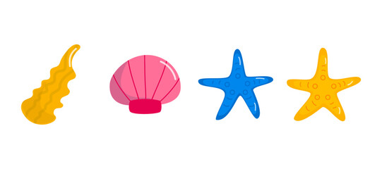 Colorful cartoon sea life clipart set. Bright and playful cartoon illustrations of sea creatures including shells, seaweed, and starfish on a gray background.
