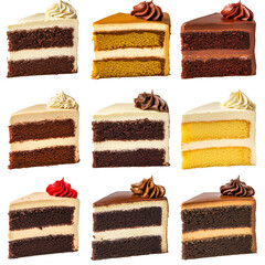 Various flavors of cake slices set isolated on white background. Different cakes collection set. Many flavors of cake desserts set.