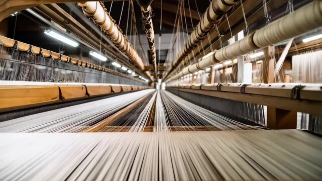 Close-up view of weaving machine in operation, creating fabrics in manufacturing industrial textile factory with hanging white threads.