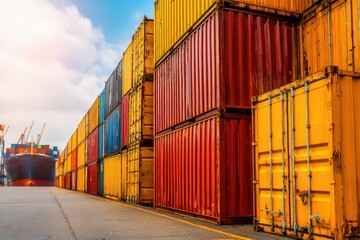 Fototapeta premium 40 HC sea containers standing in a sea cargo port ready for loading and transport