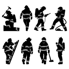Silhouettes of firefighters in various action poses, equipped with tools and protective gear, representing different emergency response activities.