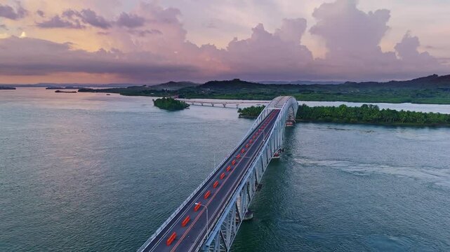 Cinematic aerial of the San Juanico Bridge now under repair connecting Leyte and Samar Philippines