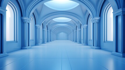 Obraz premium 3D corridor with columns in a modern architectural interior, Blue stone arches and columns in a gothic architectural style, Empty underground hallway with doors and lights in a modern building.
