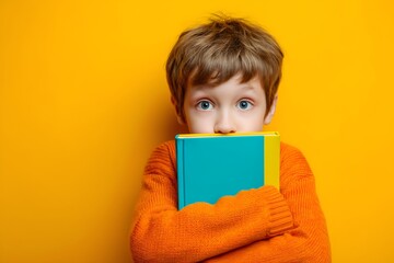 A boy with blue eyes hugs a book with a turquoise cover. The background is bright yellow