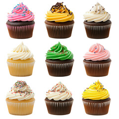 Delicious various cup cakes set isolated on white background. Collection of different flavors of muffins, collection set. closeup of cup cakes.