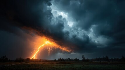 Obraz premium Dramatic stormy sky with dark clouds and streaks of lightning over a dark, moody landscape