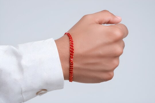 A man's hand clenched into a fist, with a red thread on the wrist, an Indian protective amulet, kalava or mauli.