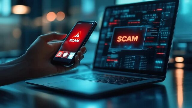 Digital scam notice: phishing threat, vishing attack, smishing fraud, fake email, romance scam, lottery lure, investment fraud, identity theft, entrepreneur deception, junk message, virtual threat