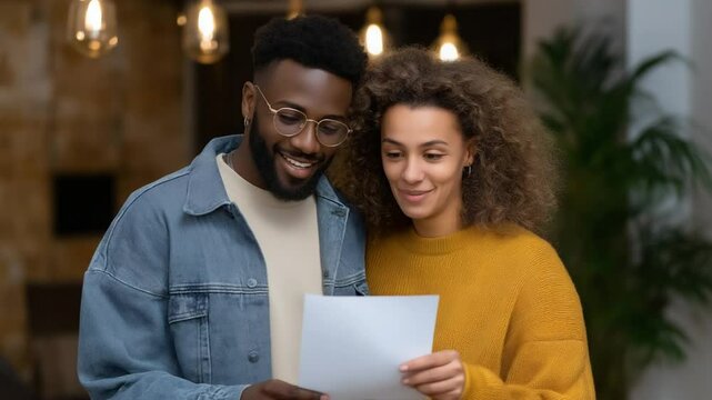 A young couple explores a floor plan with excitement and curiosity - Powered by Adobe