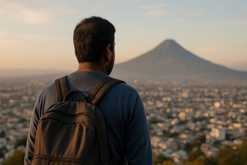 Fototapeta premium Traveler admiring distant volcano.