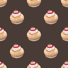 Sweet bun, watercolor seamless pattern on a brown background. Illustration of dessert, confectionery for packaging, cover, scrapbooking, paper, fabric