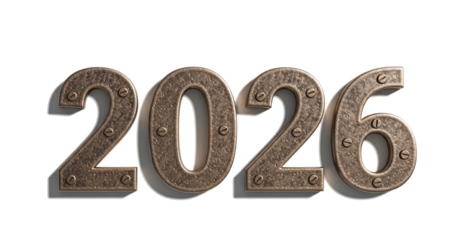 Bronze Metal Numbers "2026" with Rivets and Shadow  in PNG Format