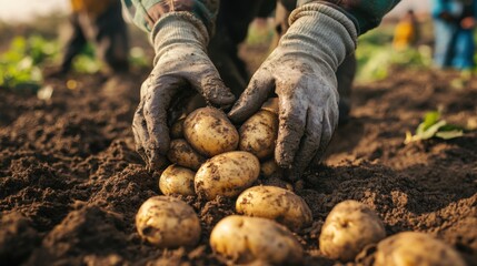 The hands of a farm worker, digging potatoes from the soil. The focus is on the dirty hands and the fresh potatoes. Blurred figures in the background, no faces visible. 