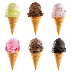 Various ice cream flavors isolated on white background. Ice cream cones set. Collection of various different ice cream flavors collection.