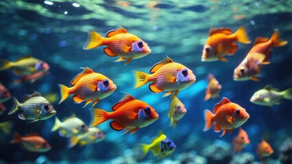Fototapeta premium A vibrant underwater scene featuring a line of colorful tropical fish swimming in shallow water