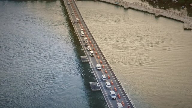 Single lane traffic congestion on the San Juanico Bridge in Tacloban.