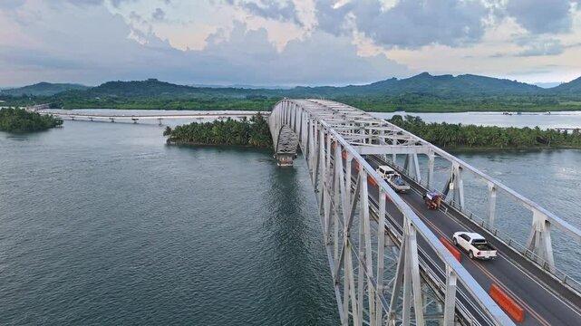 Traffic at a standstill on the San Juanico Bridge in Tacloban connecting Leyte to Samar in the Philippines.