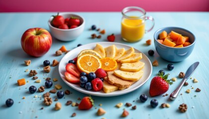 Delicious Assortment of Fresh Fruits on a Blue Table with a Glass of Juice and Colorful Bowls